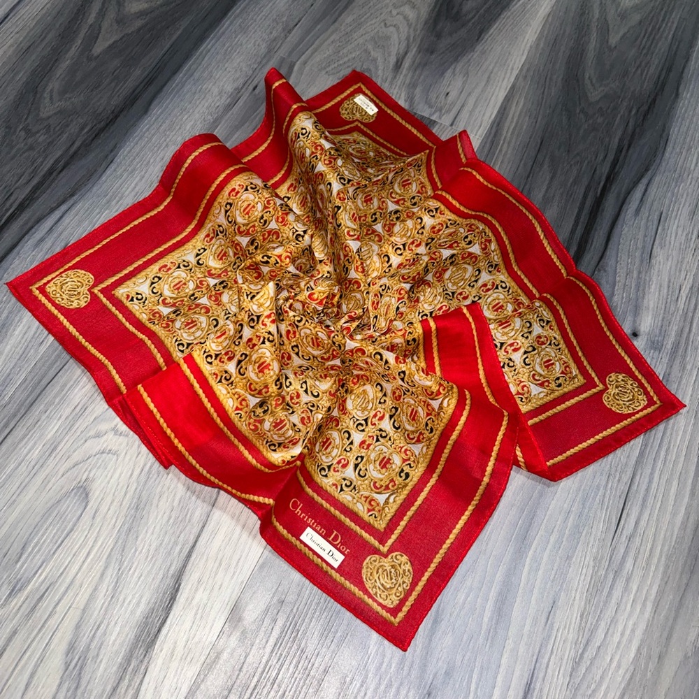Vintage Christian Dior Red & Gold Cotton Handkerchief - Picture 1 of 11